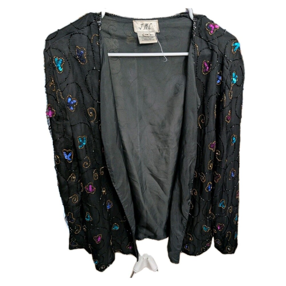 Vintage JMC Black Beaded Butterfly Jacket 1X Plus Size Embellished Cardigan Top